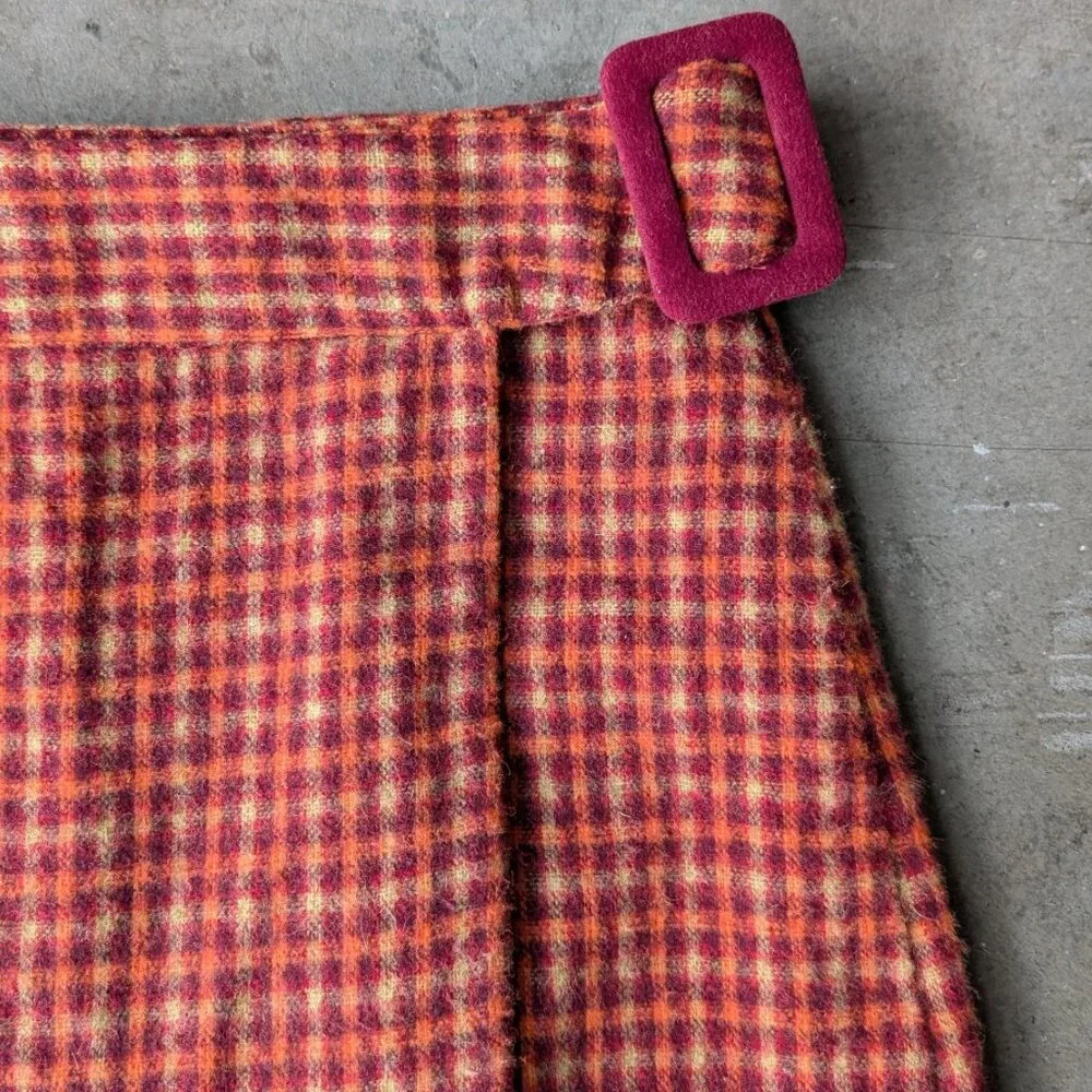 Vintage NY&CO Orange Plaid Wool Blend Mid Mod Belted Wrap Mini Skirt size 4 - Picture 3 of 8